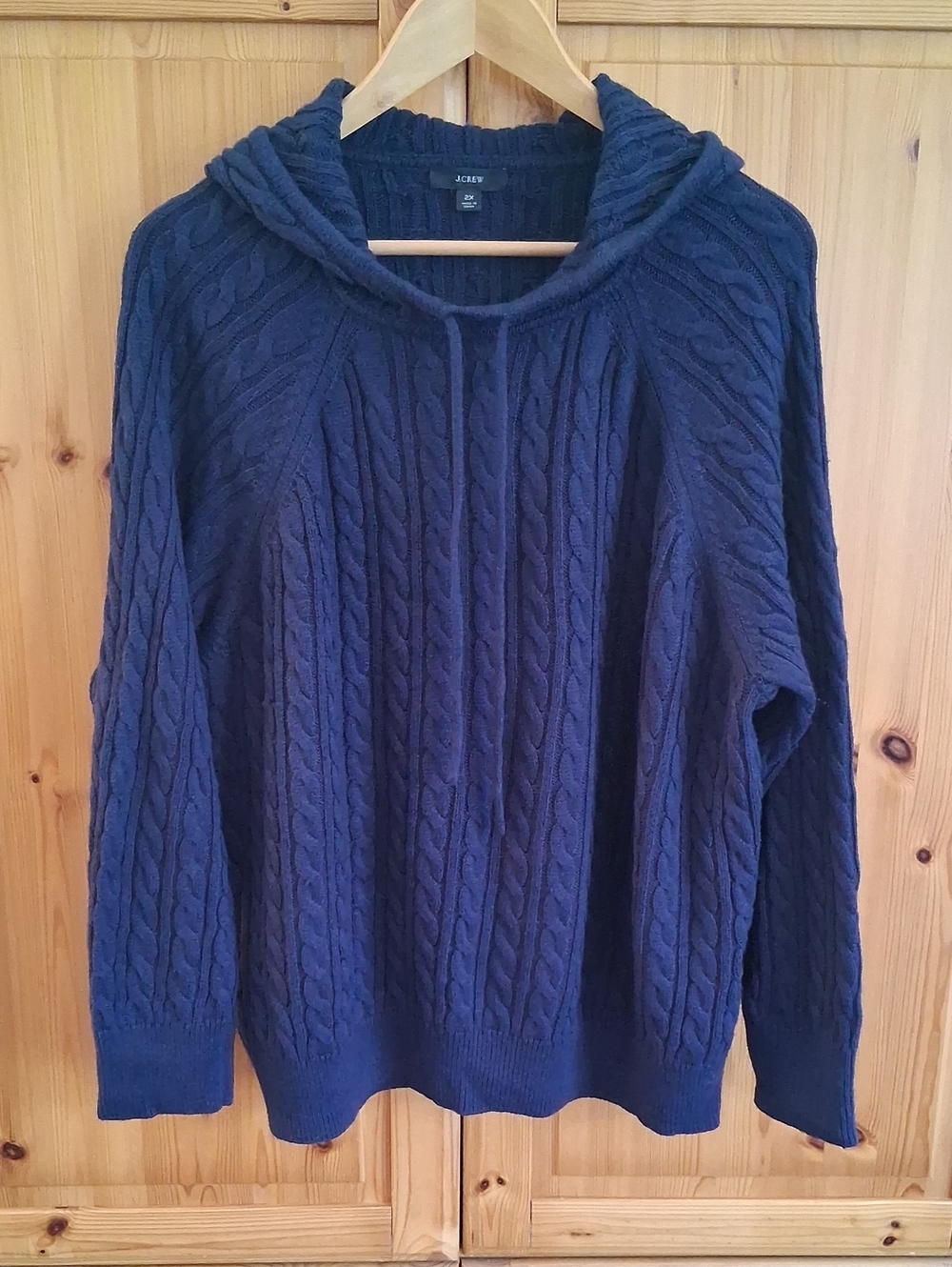 J Crew Navy Blue Cotton Cashmere Preppy Cable Knit Hoodie Sweater Plus Size 2X